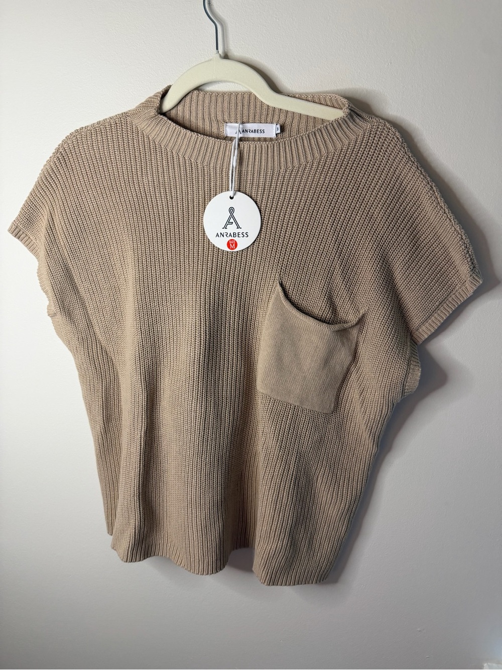 Title: ANRABESS Women’s Medium Beige Knit Short Sleeve Sweater Top NWT